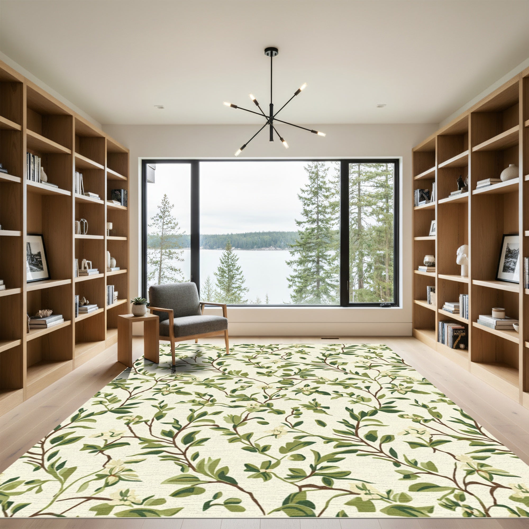 Green Leafy Vine Floral Cream Rug