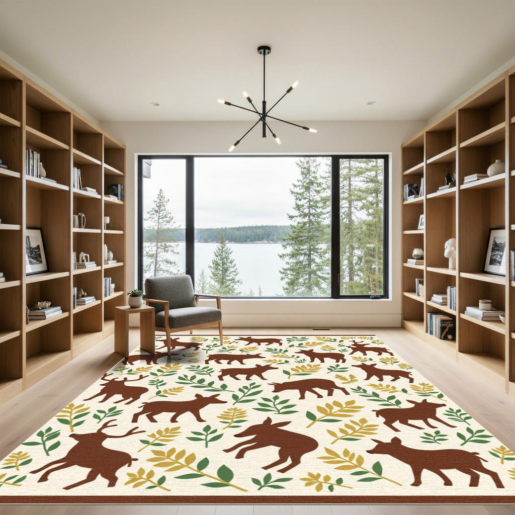 Brown Deer Woodland Leaves Rug