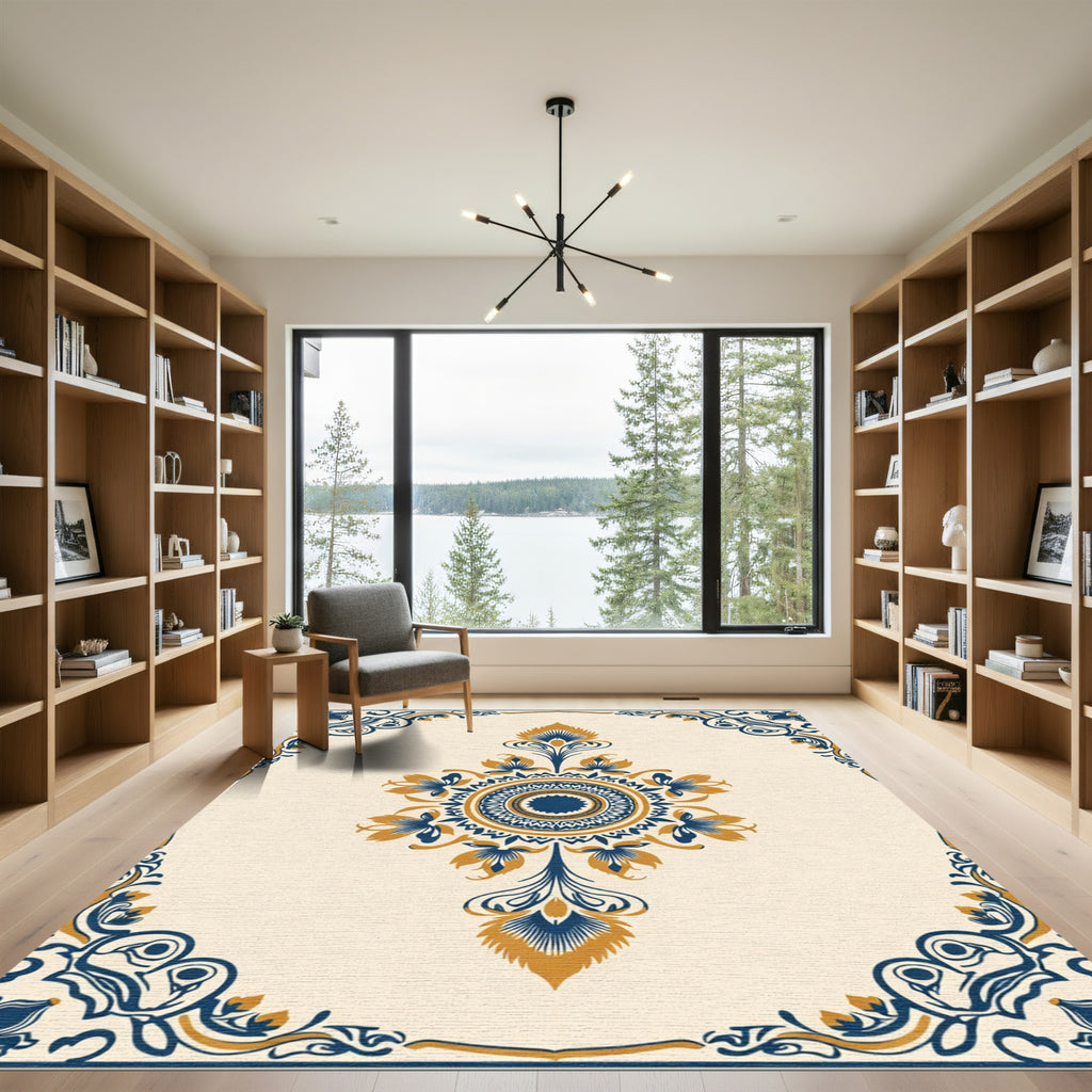 Navy Gold Arabesque Floral Round Rug