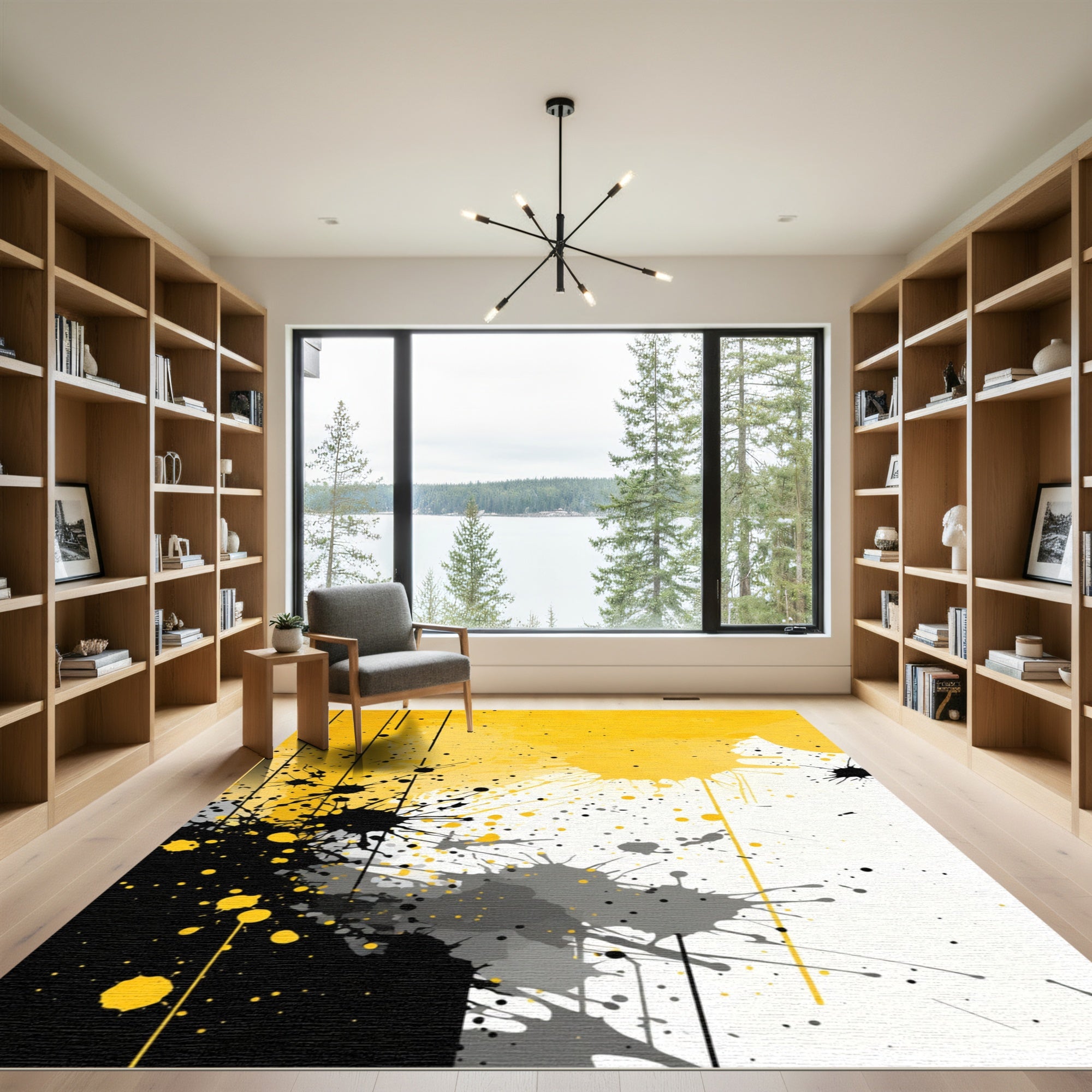 Yellow Black Splatter Abstract Paint Rug