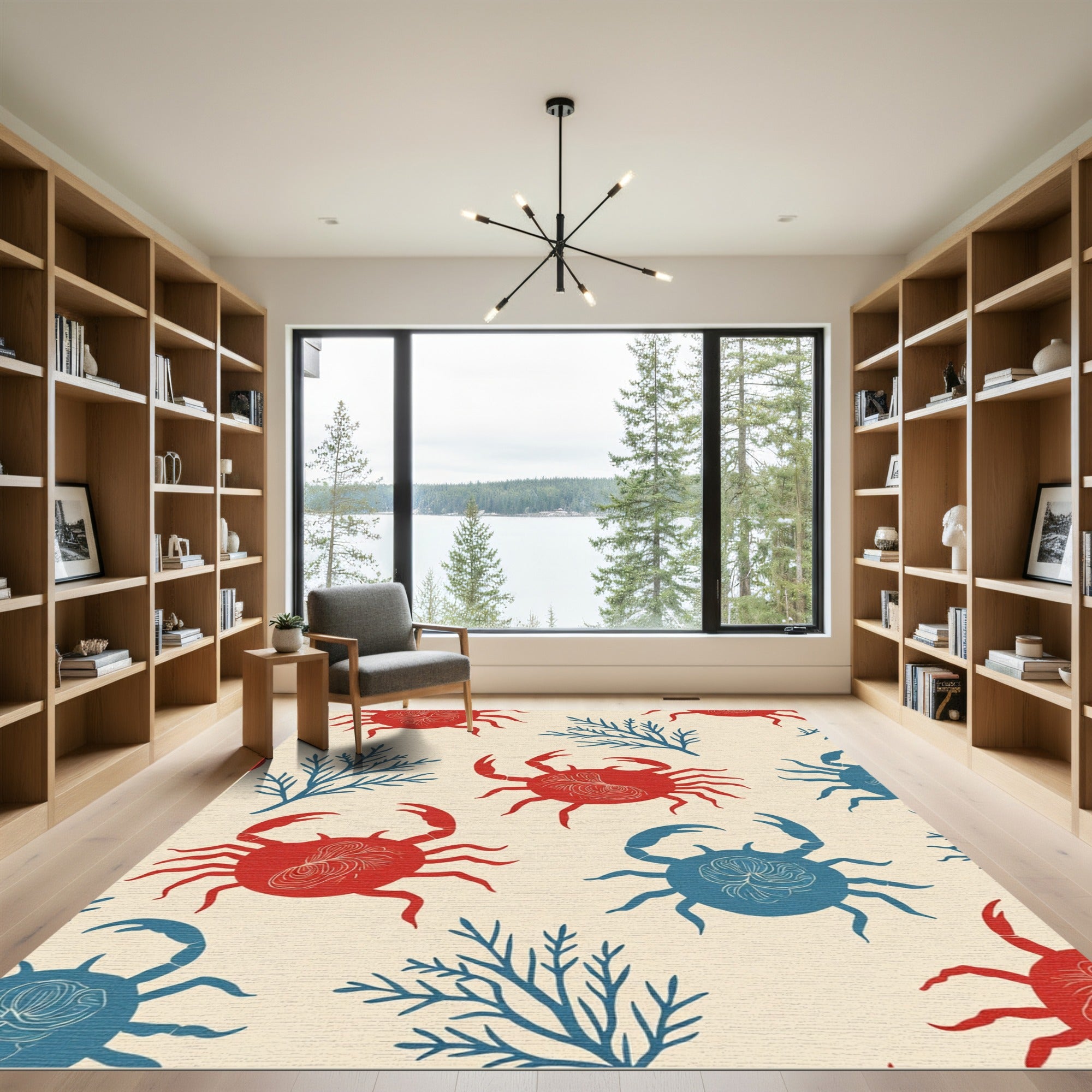 Red Blue Crab Coral Pattern Rug