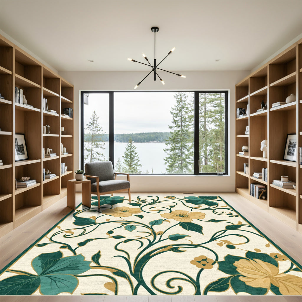 Cream Yellow Floral Vine Scroll Rug
