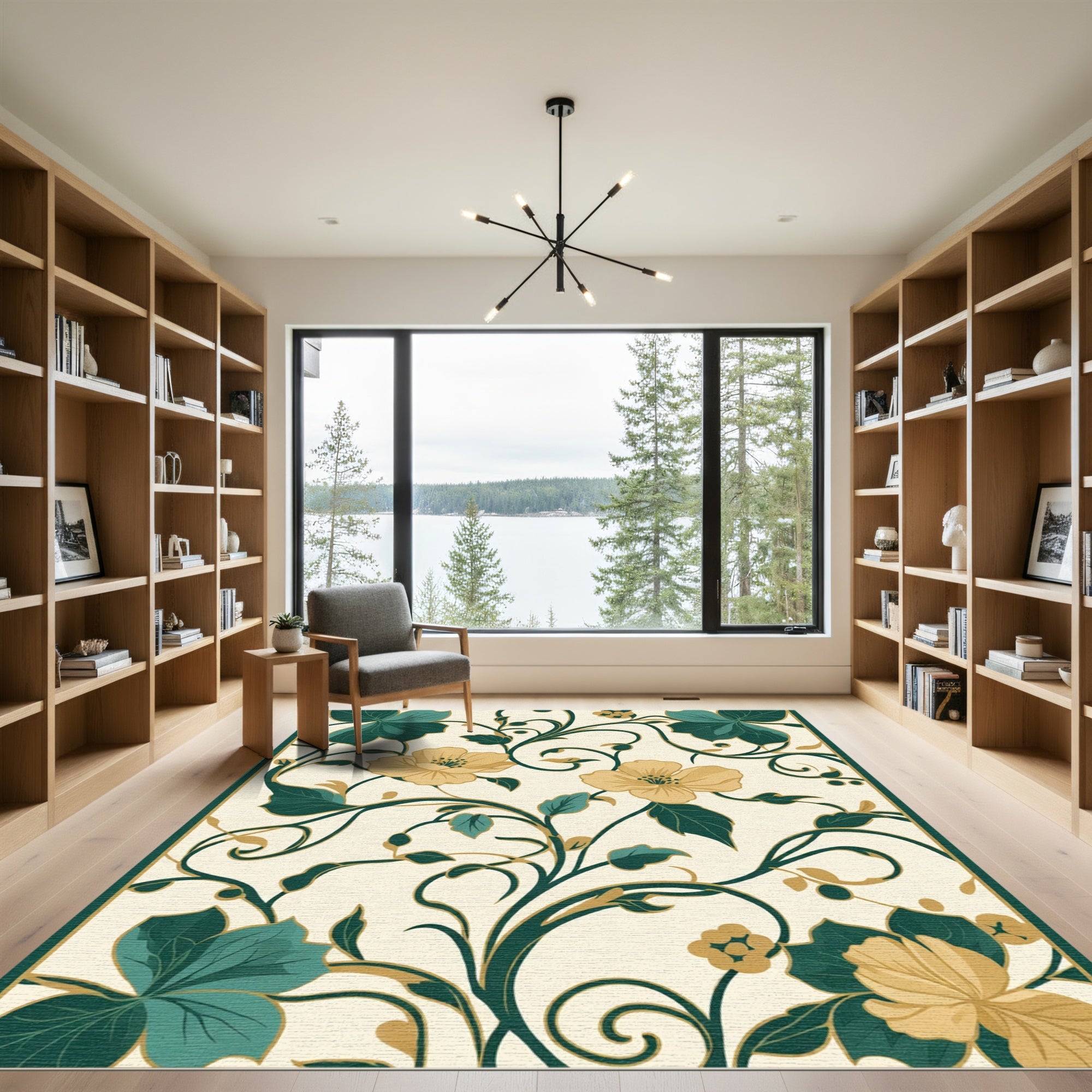 Cream Yellow Floral Vine Scroll Rug