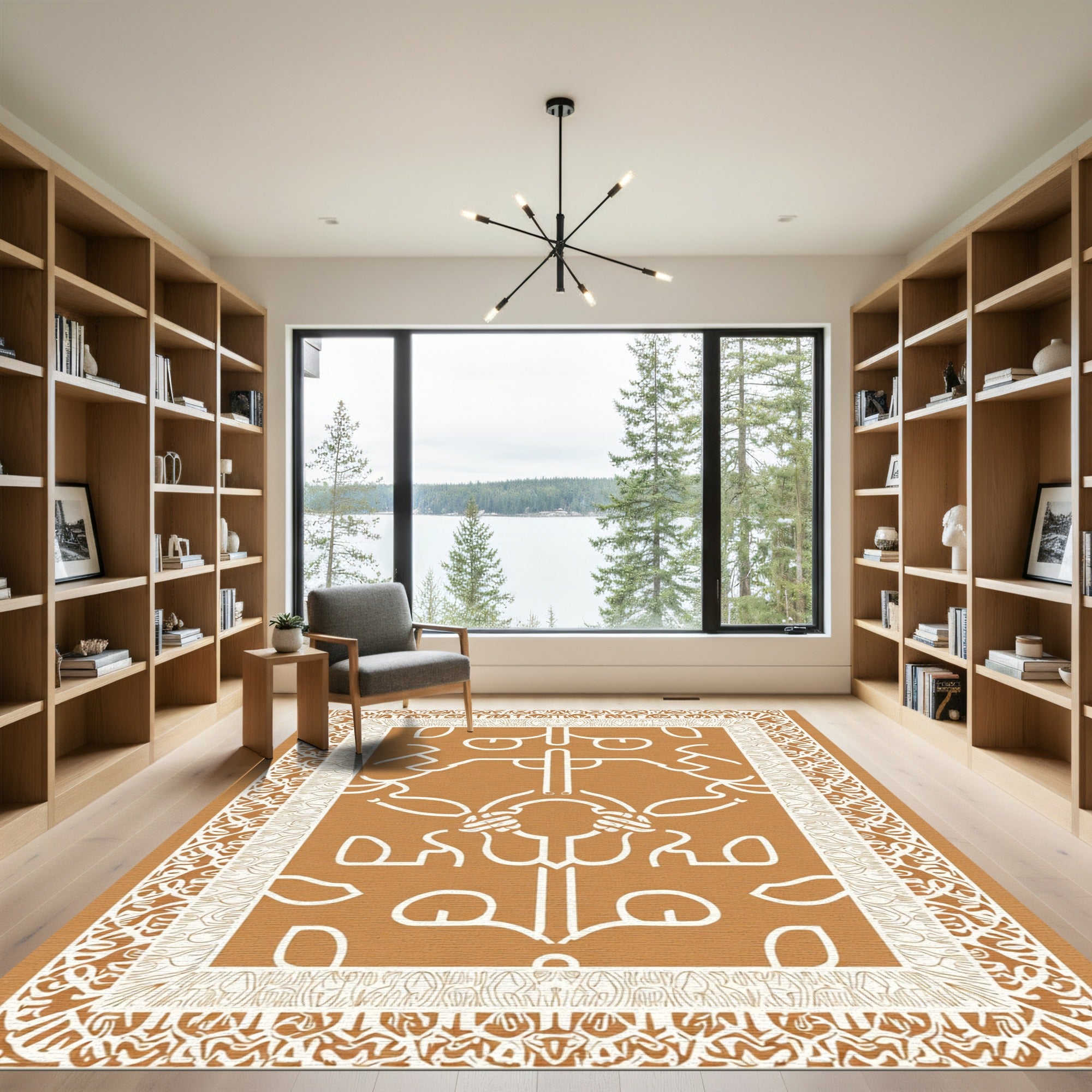 Rustic Ochre White Abstract Line Art Rug