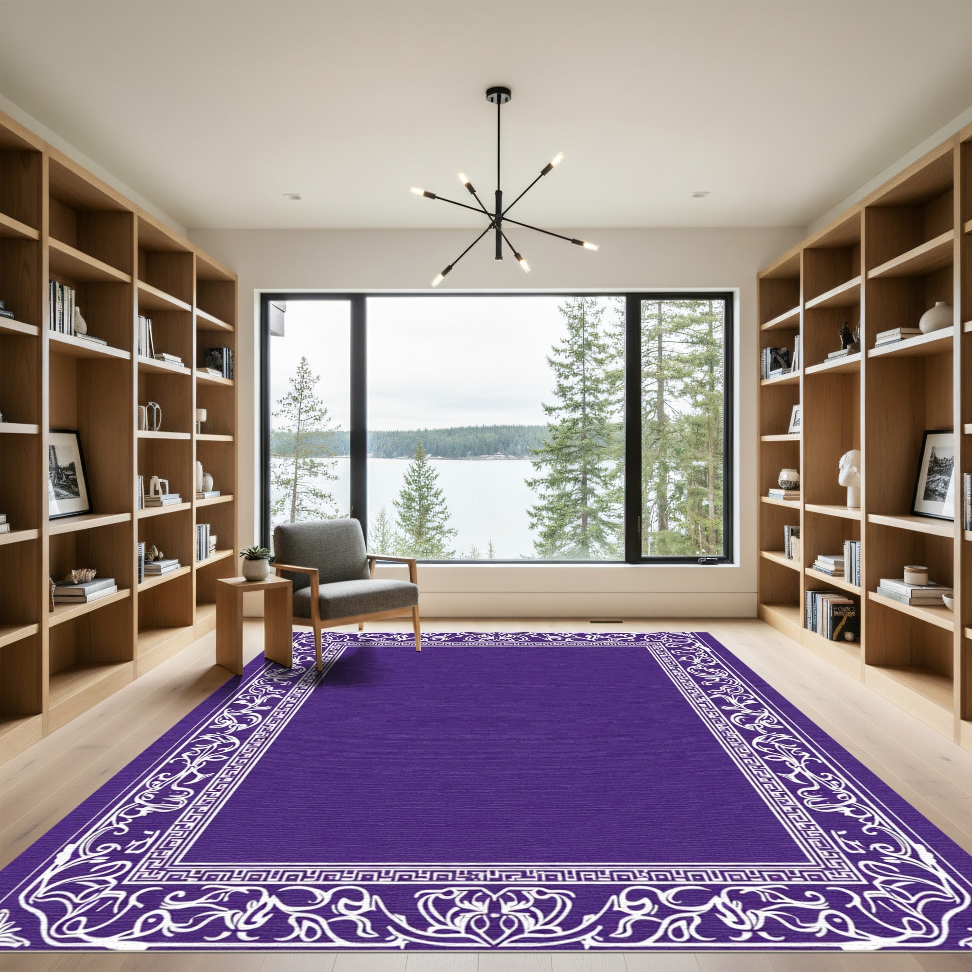 Deep Purple White Floral Border Rug
