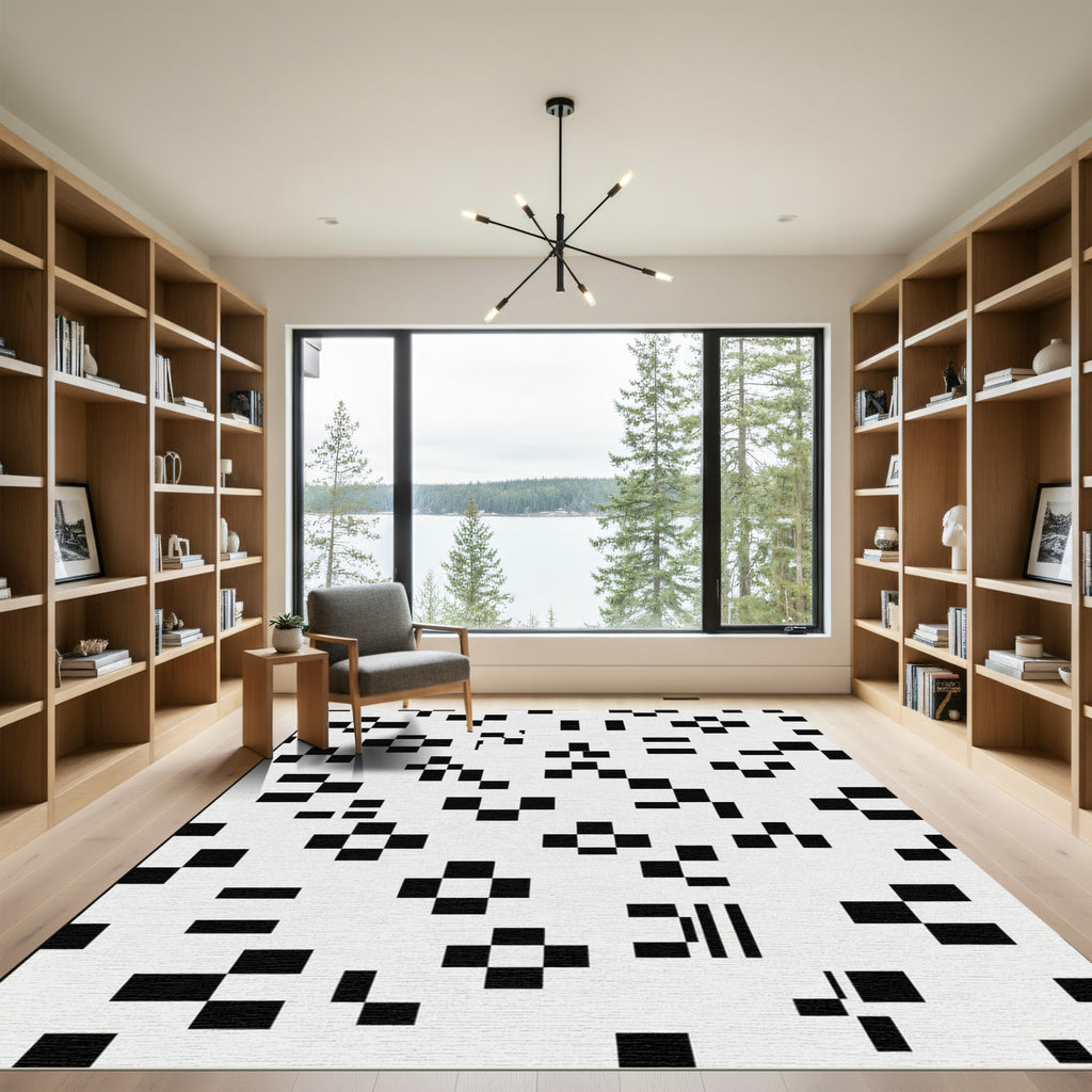 Modern Black White Pixelated Grid Rug
