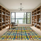 Abstract Checked Blue Yellow Stripe Rug