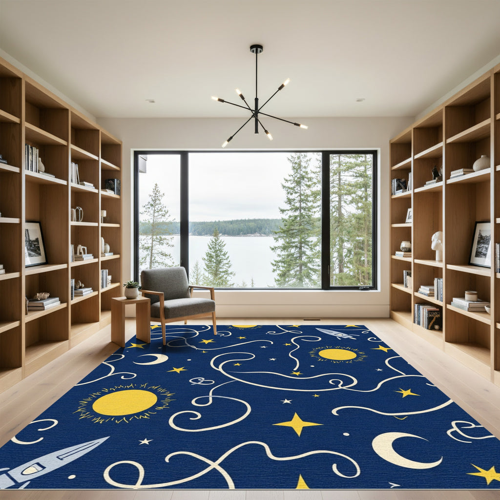 Midnight Blue Celestial Rocket Ships Rug