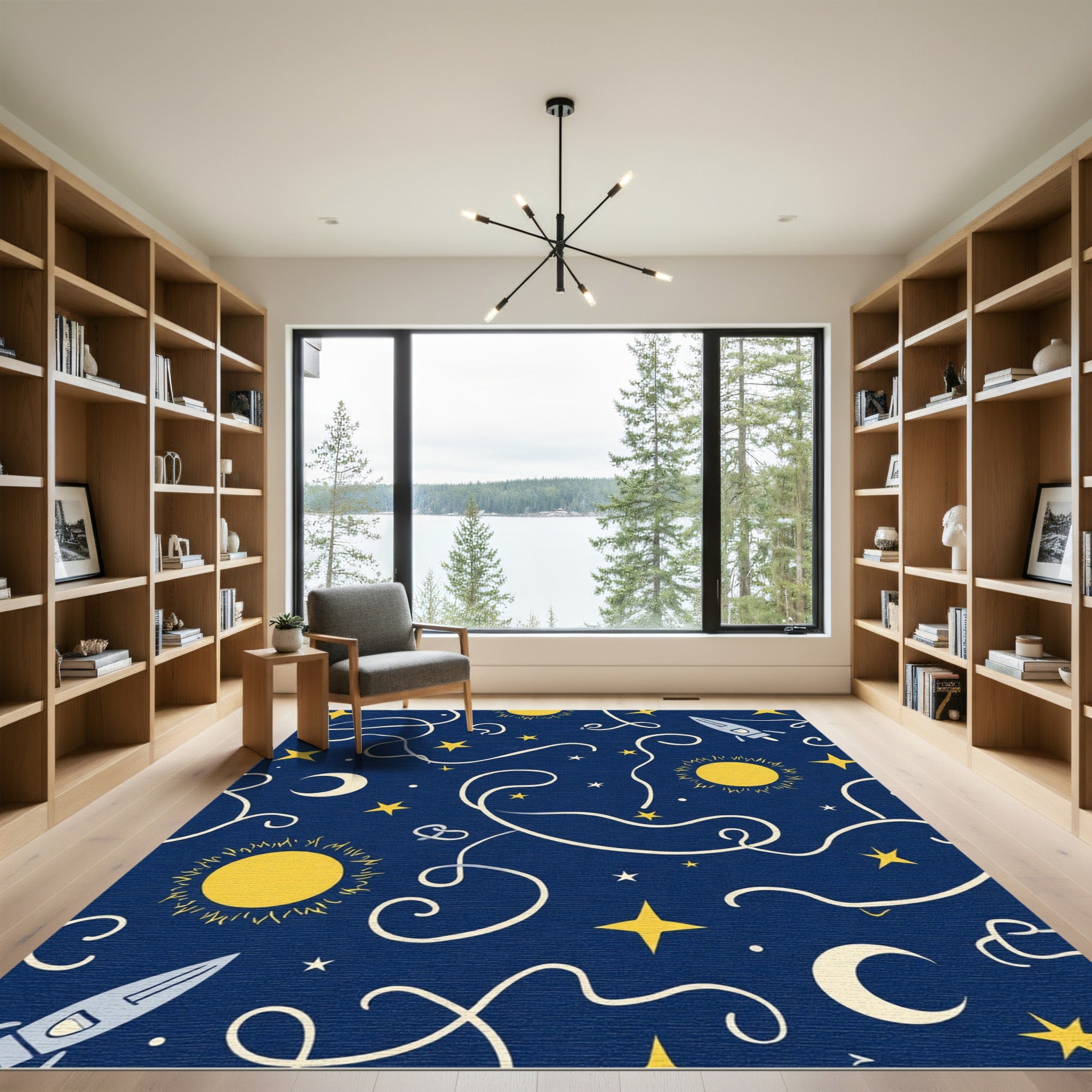 Midnight Blue Celestial Rocket Ships Rug