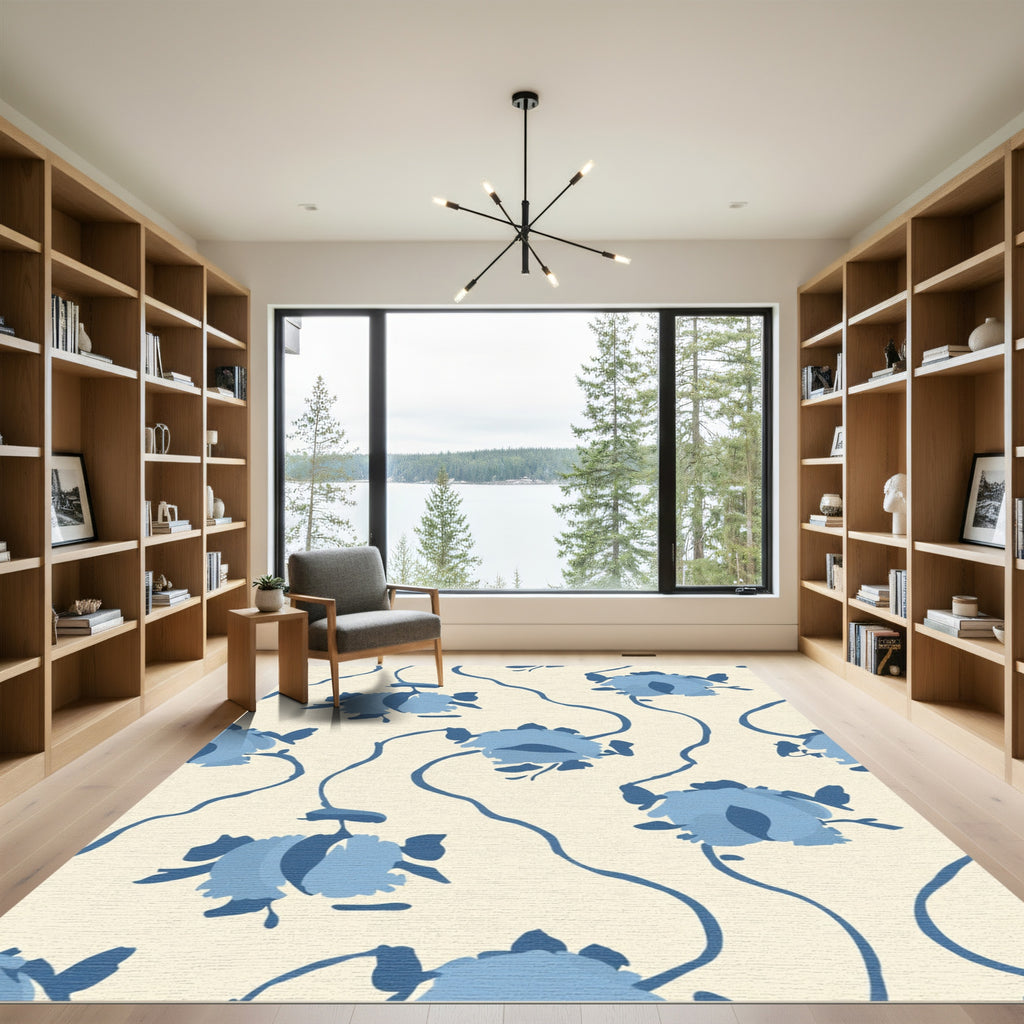 Blue Floral Vine Swirl Cream Rug