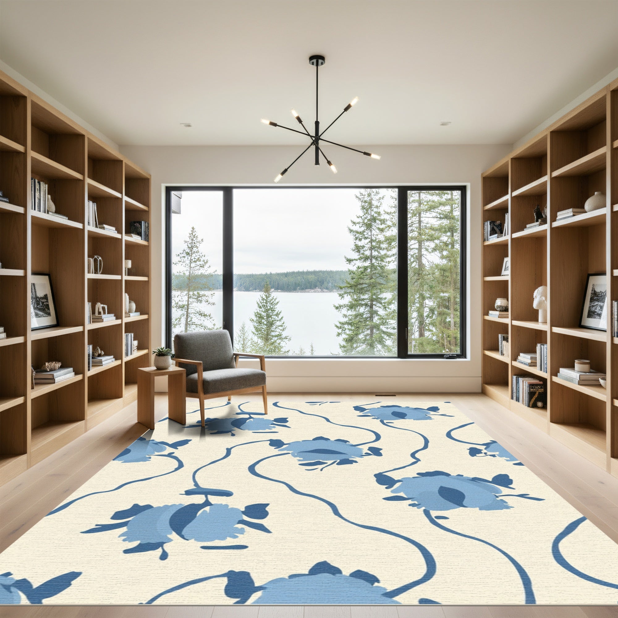 Blue Floral Vine Swirl Cream Rug