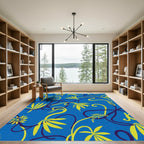 Royal Blue Yellow Floral Vine Swirl Rug