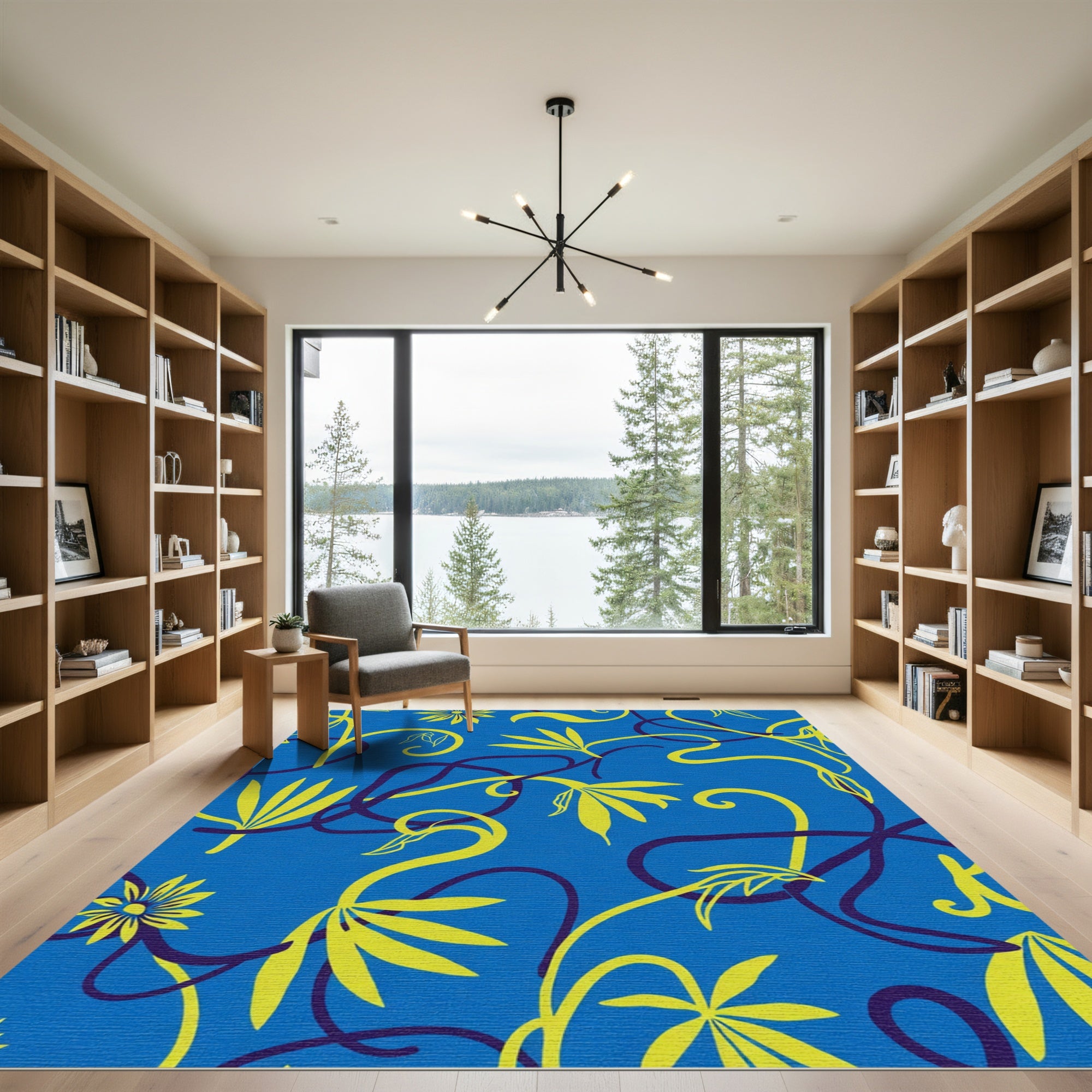Royal Blue Yellow Floral Vine Swirl Rug