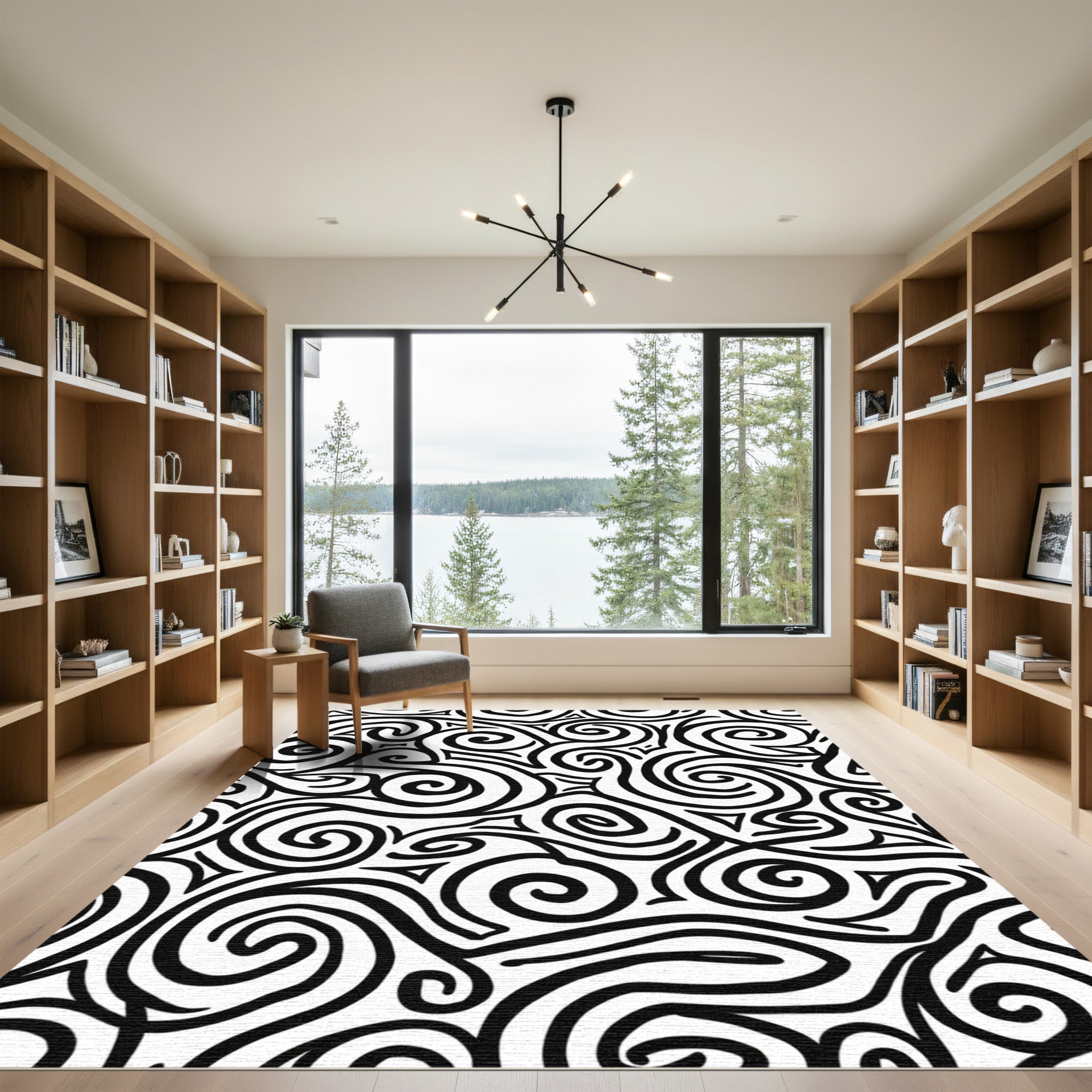 Bold Black Swirl Abstract Rug