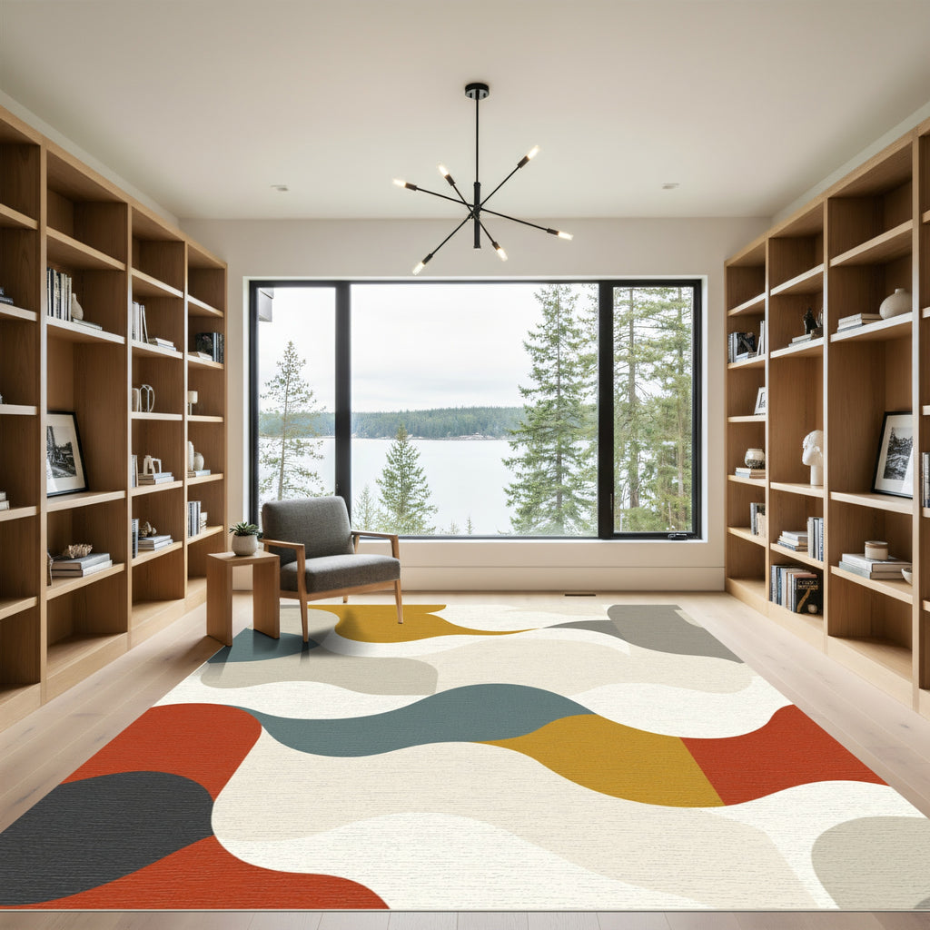 Abstract Mustard Teal Red Wave Rug