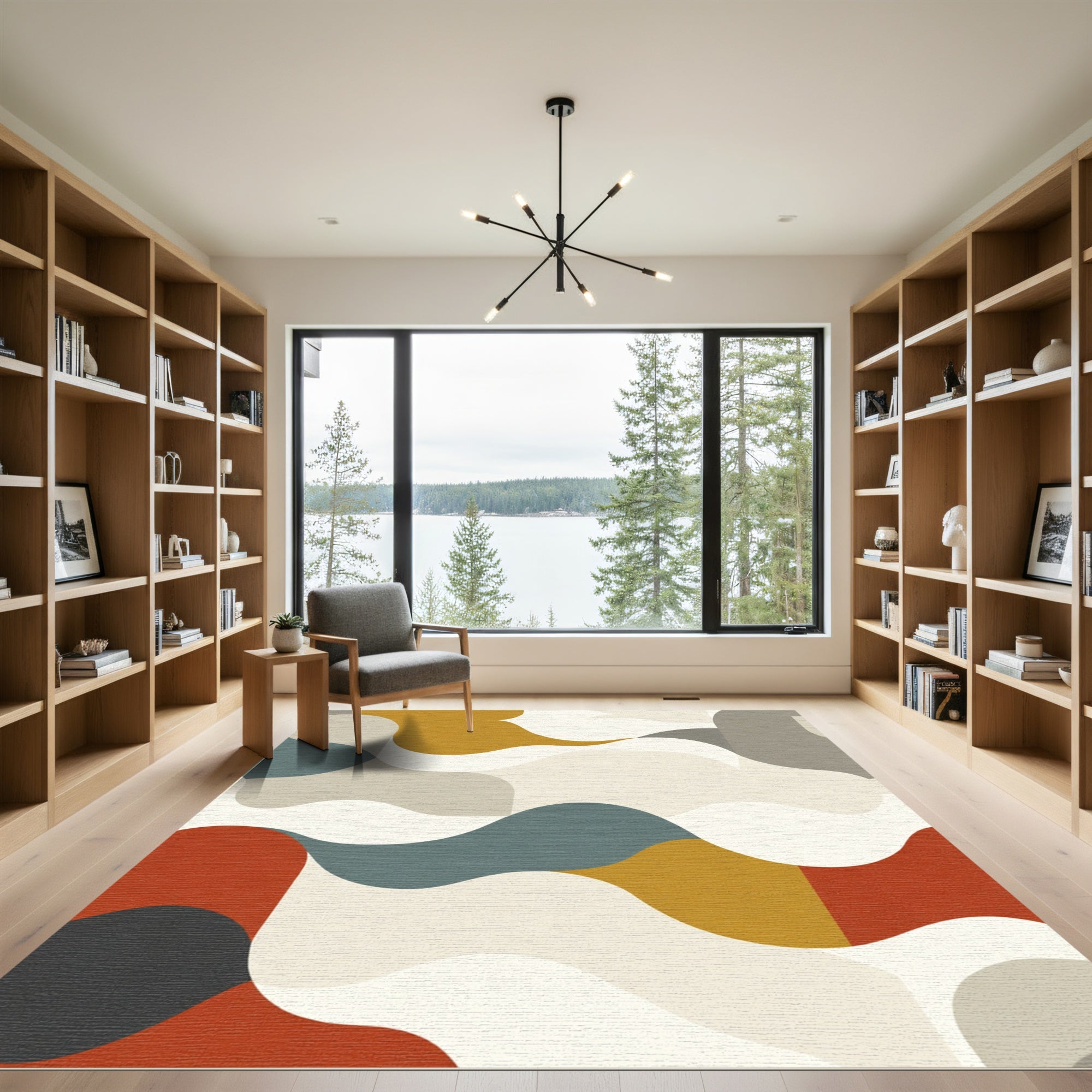 Abstract Mustard Teal Red Wave Rug