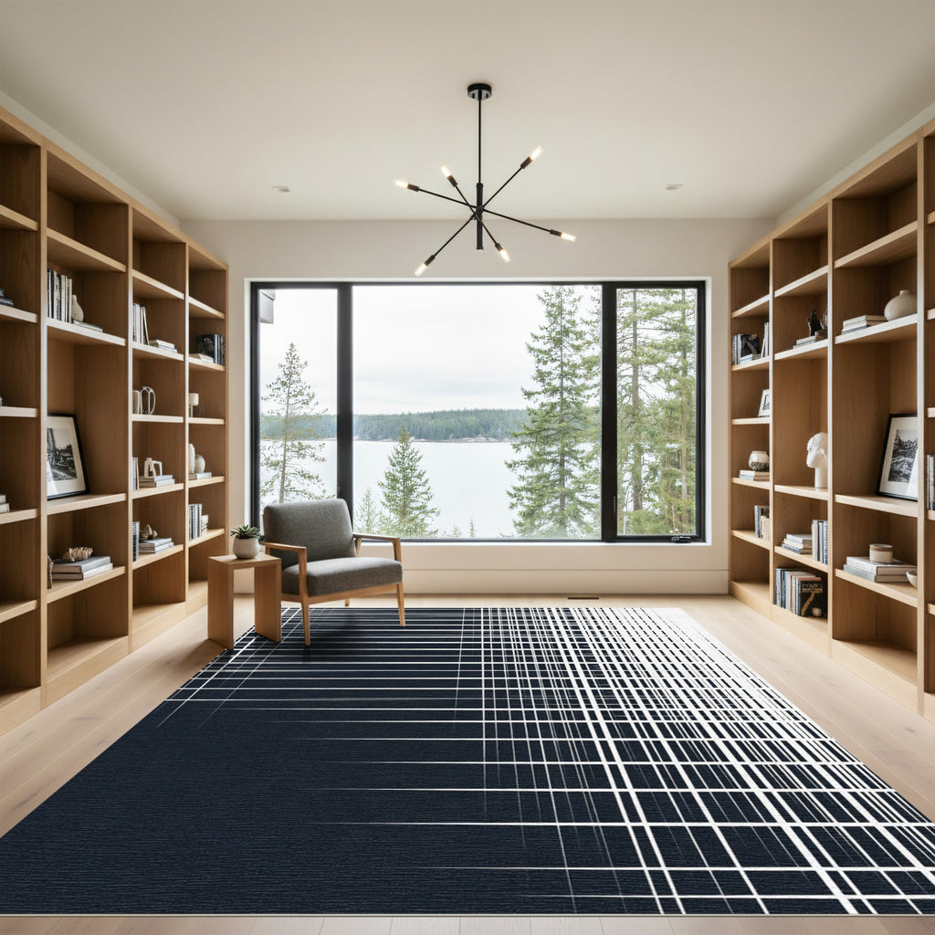 Dark Navy White Geometric Grid Gradation Rug