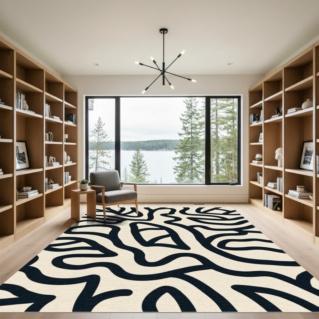 Cream Black Organic Abstract Swirl Rug