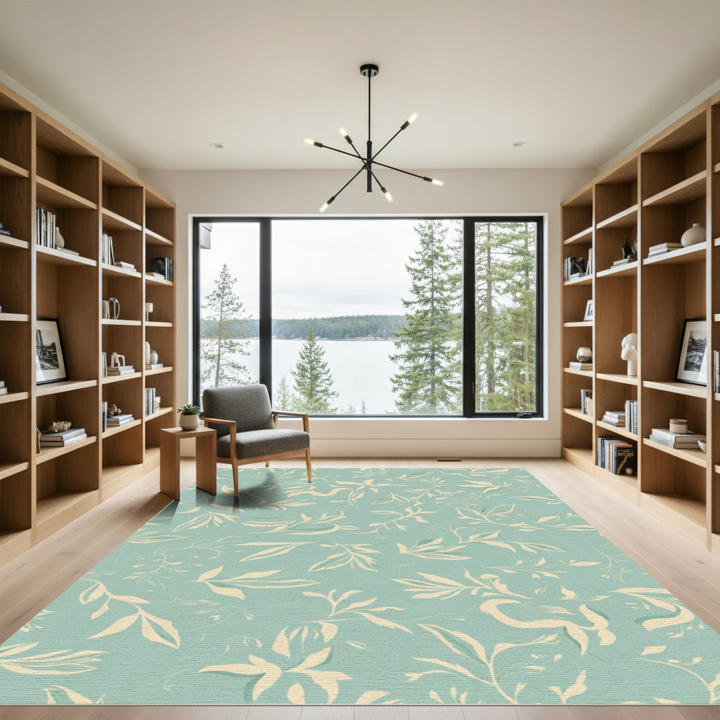 Pale Yellow Botanical Branches Aqua Background Rug