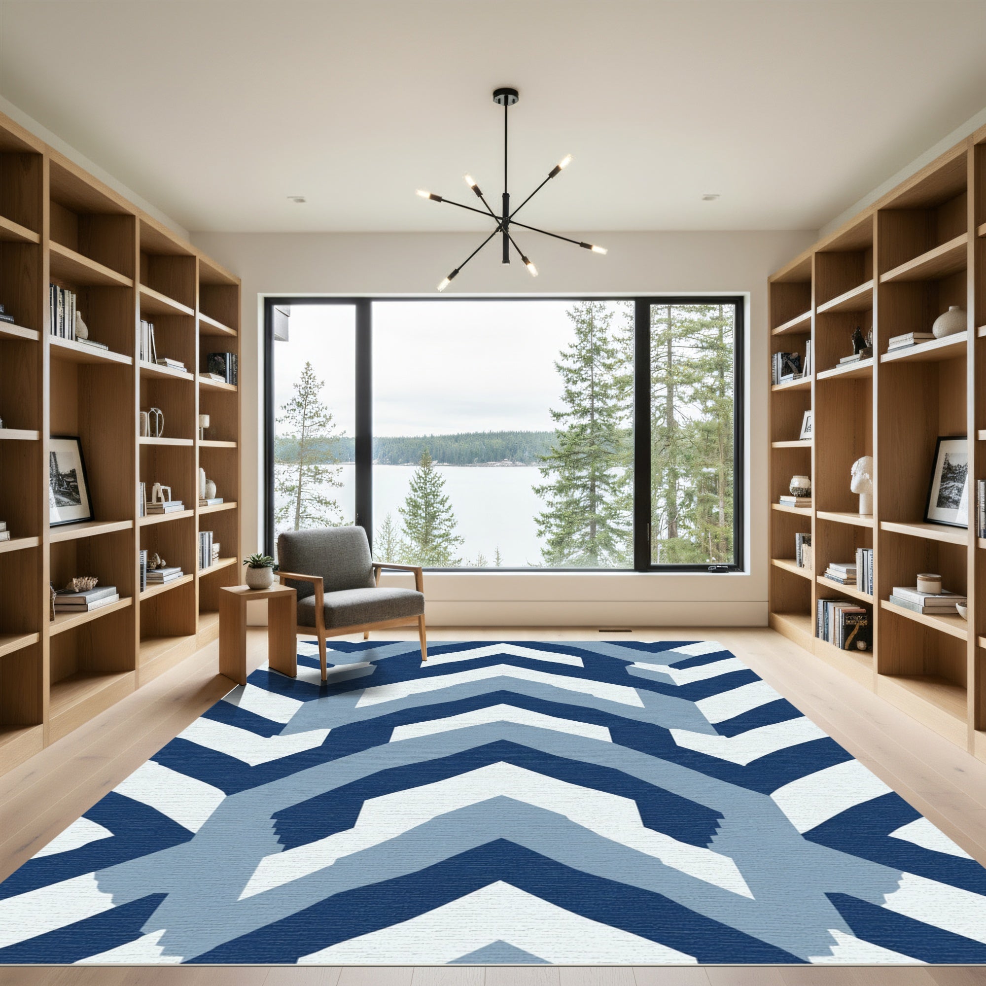 Geometric Chevron Blue And White Rug