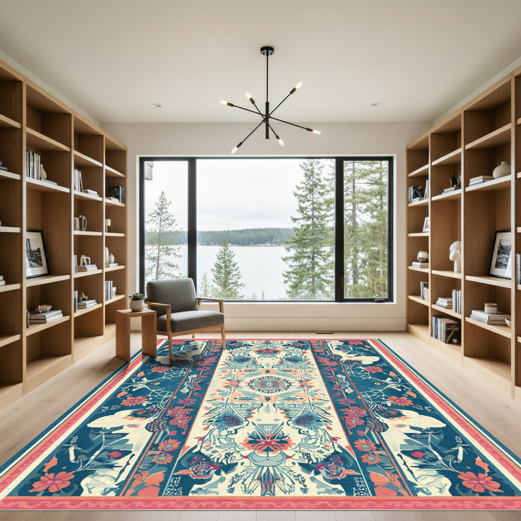 Ornate Teal Orange Floral Medallion Rug