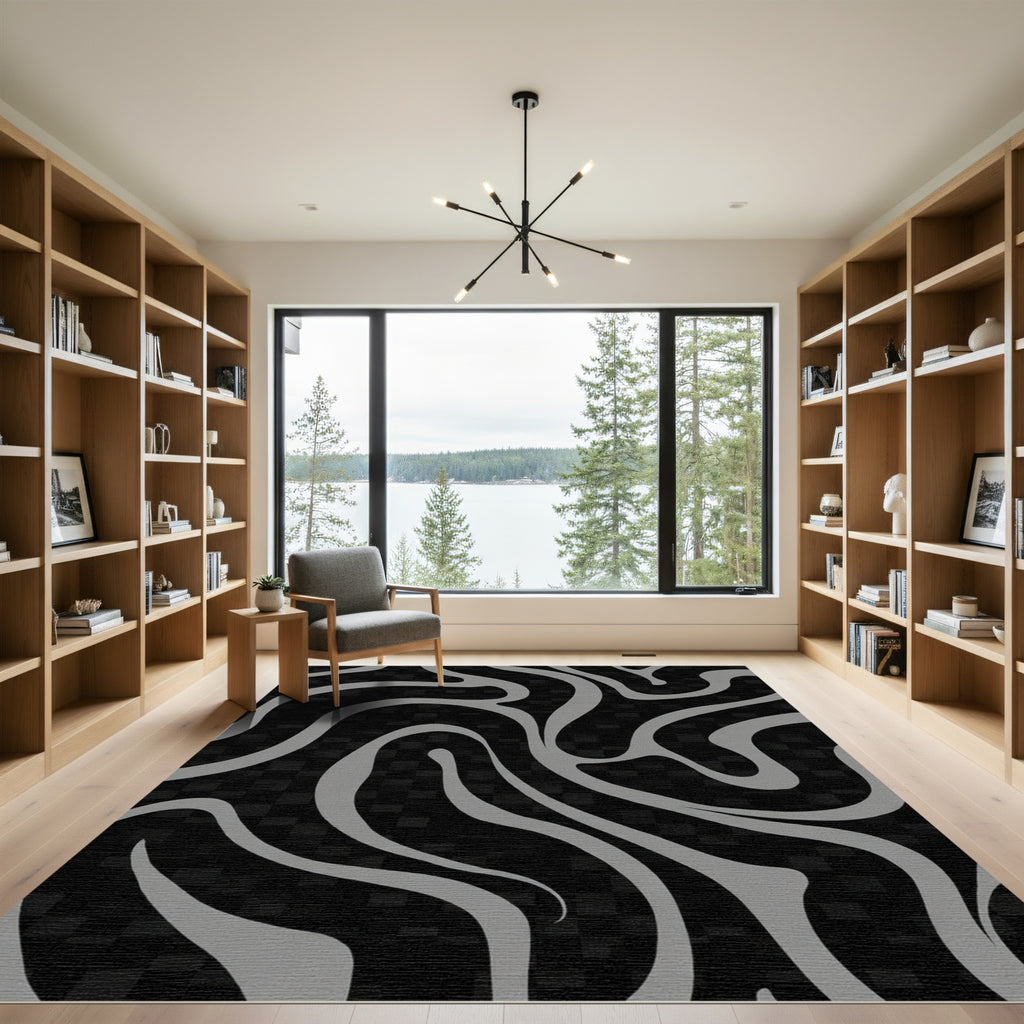 Gray Swirl Liquid Black Geometric Rug