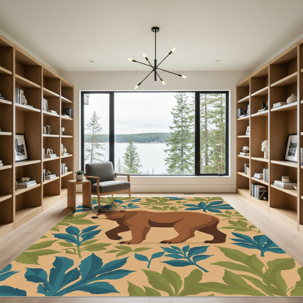 Brown Bear Amidst Green Blue Foliage Rug