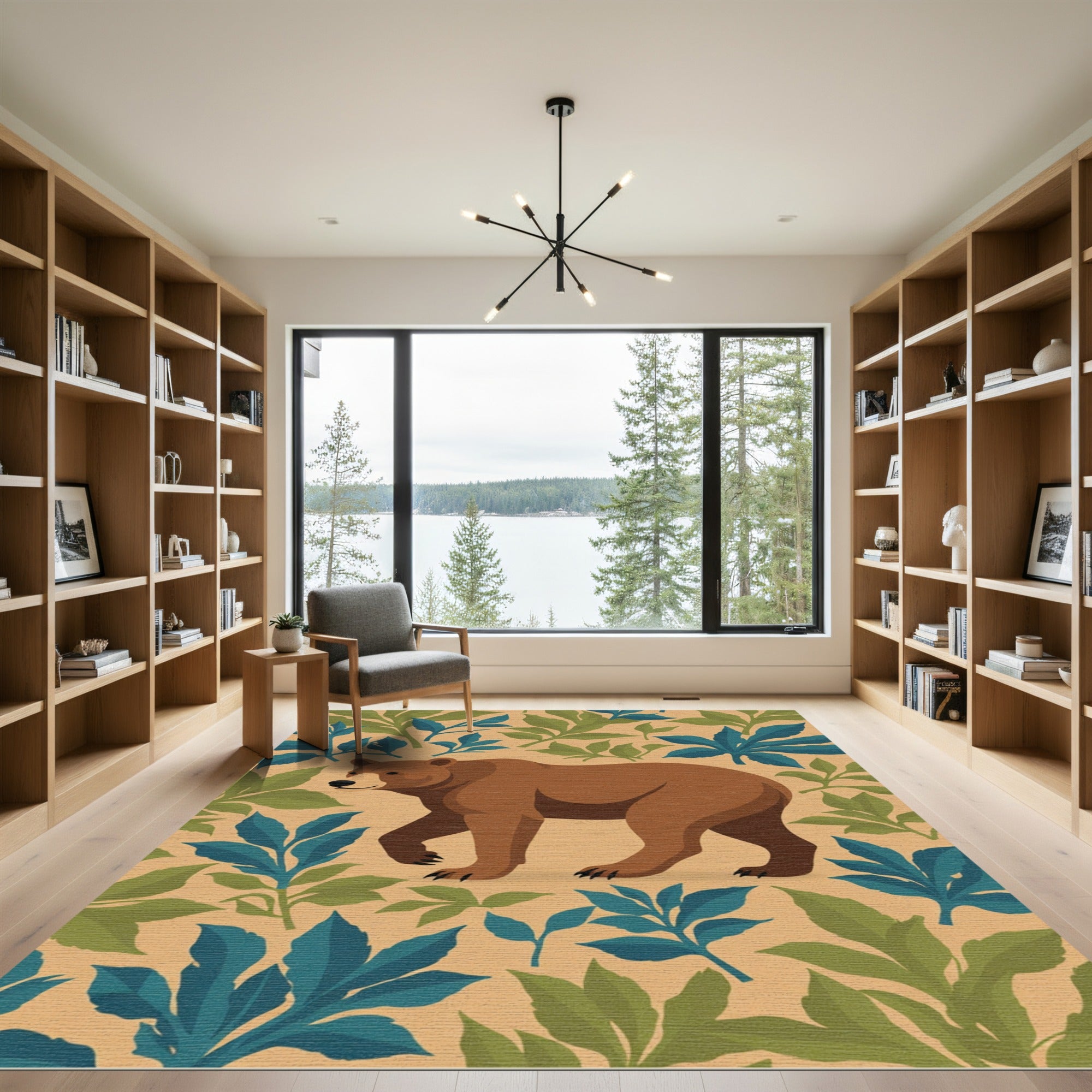 Brown Bear Amidst Green Blue Foliage Rug