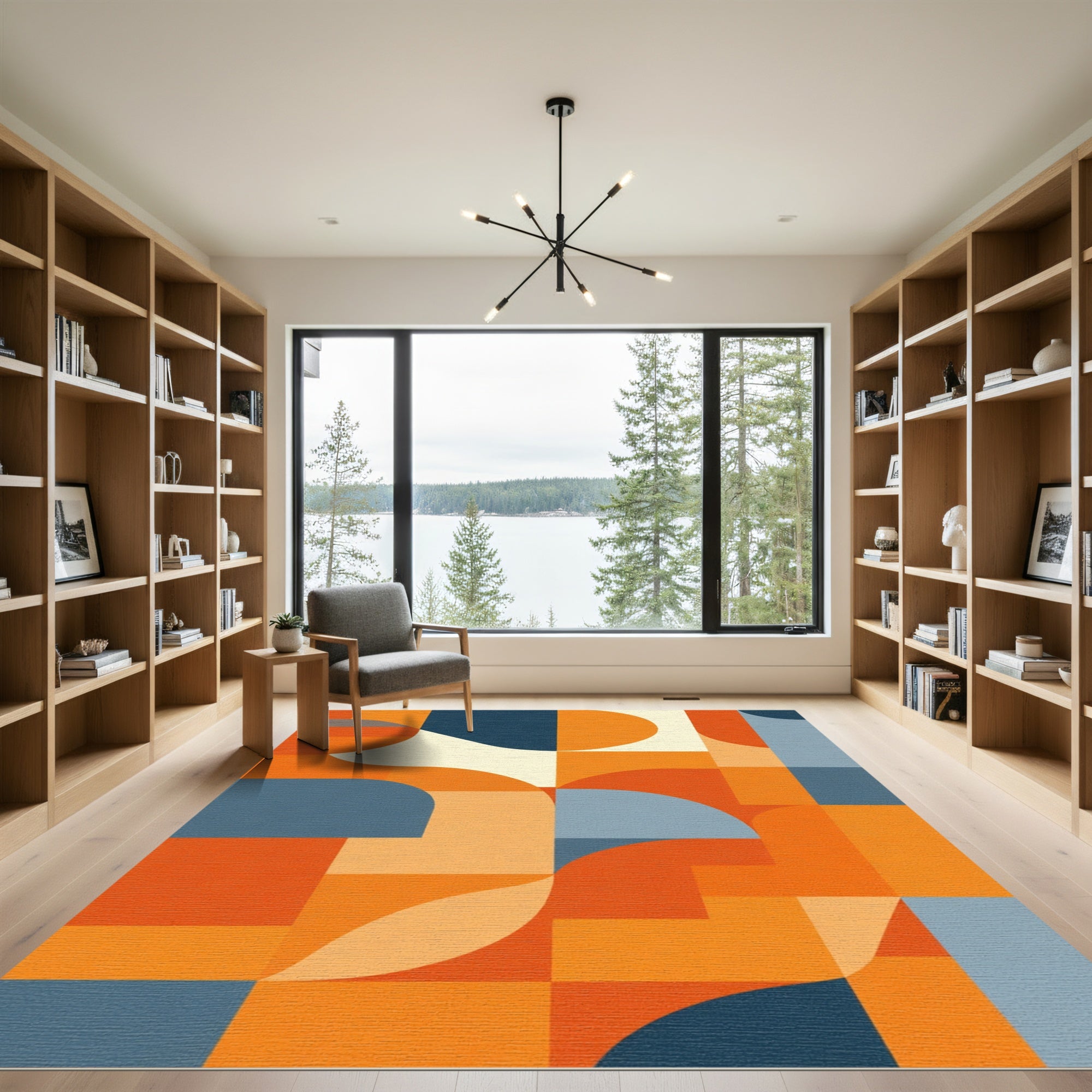 Orange Blue Cream Geometric Arc Rug