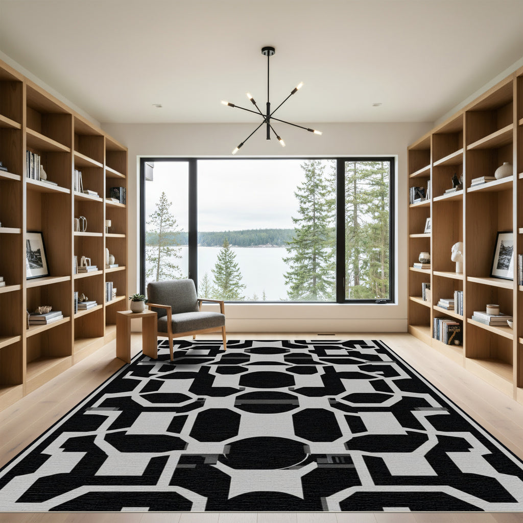 Black and Gray Abstract Geometric Maze Rug
