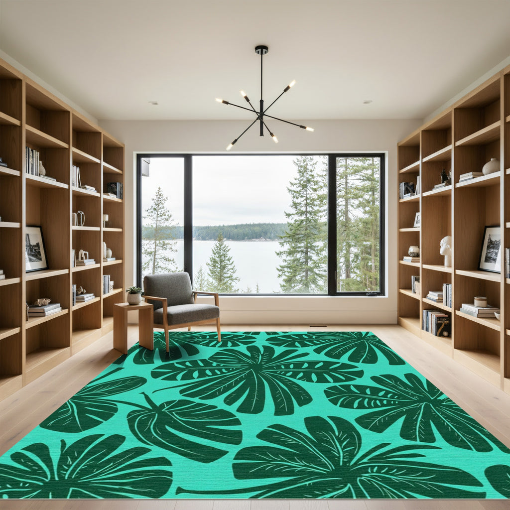 Deep Teal Tropical Leaf Panorama Rug