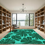 Deep Teal Tropical Leaf Panorama Rug