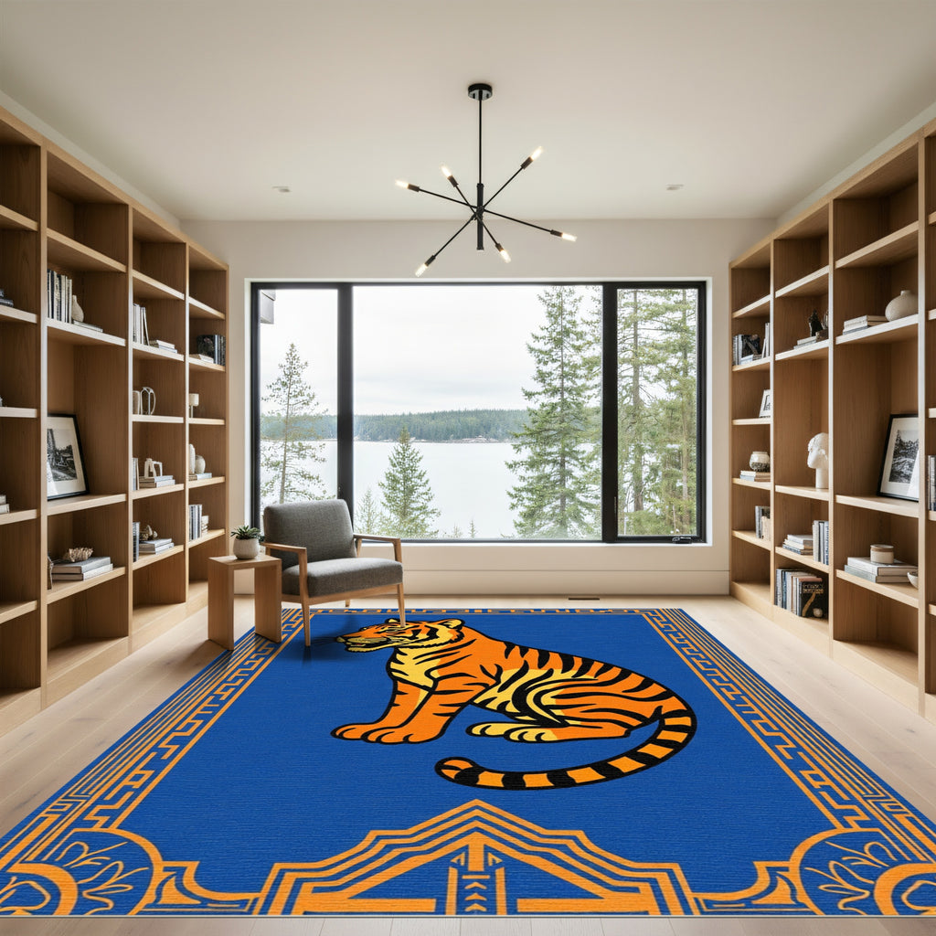 Bold Orange Tiger Blue Border Rug