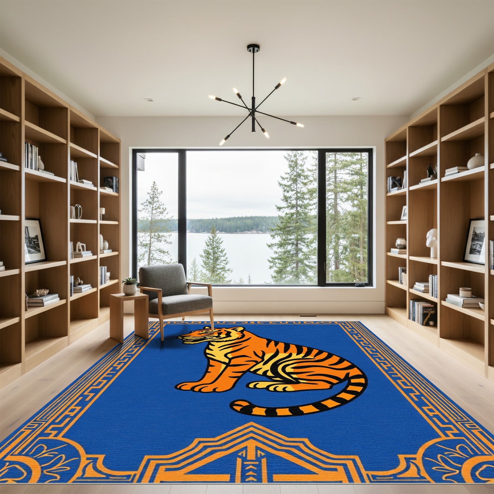 Bold Orange Tiger Blue Border Rug