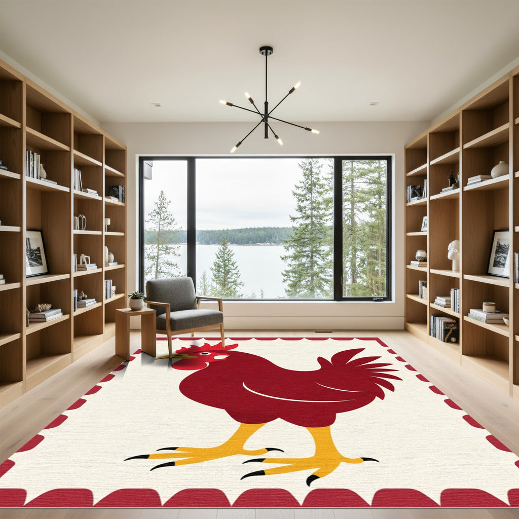 Crimson Rooster Folk Art Rug