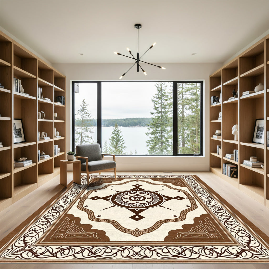 Brown Cream Circular Compass Motif Rug
