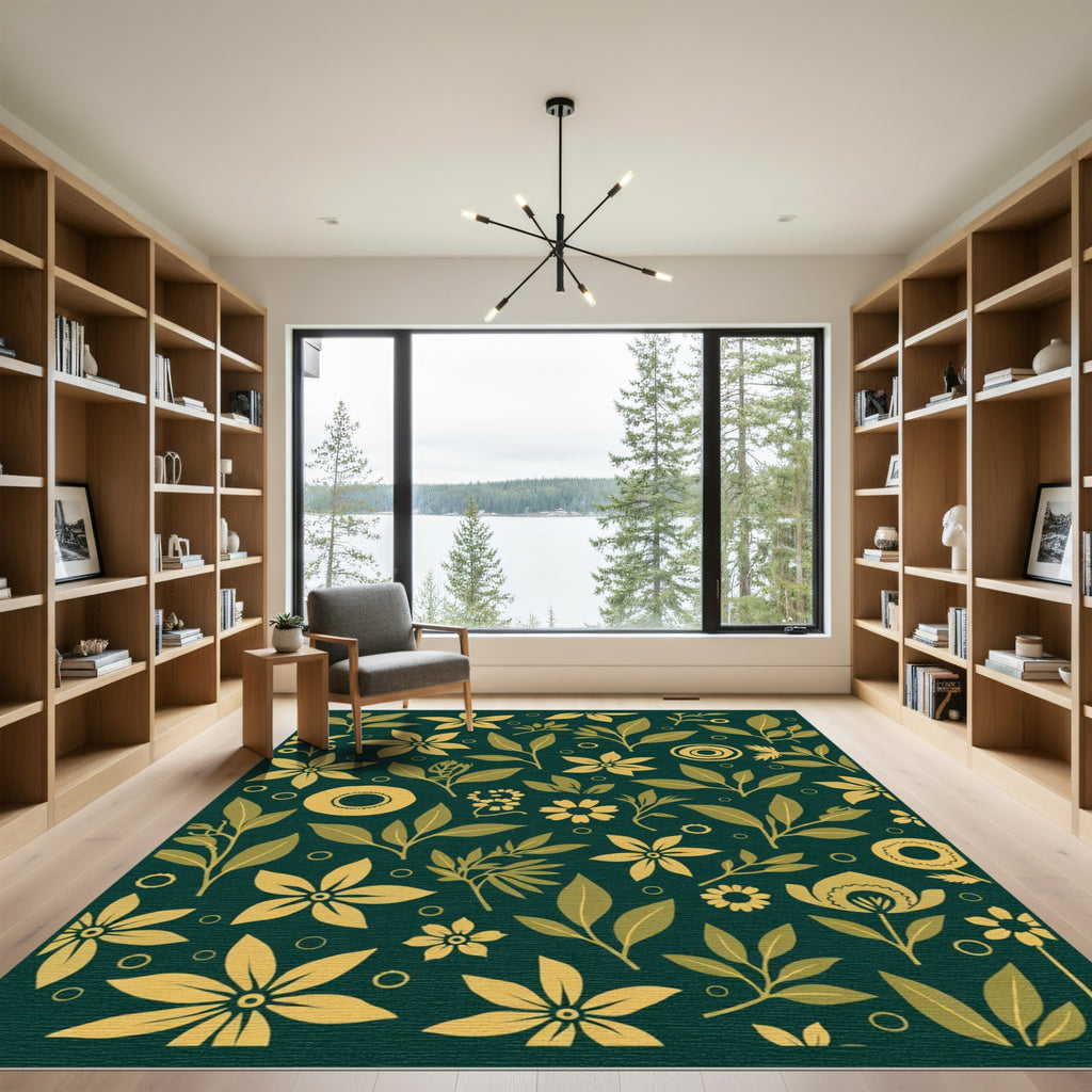 Golden Floral Botanical Branch Pattern Rug
