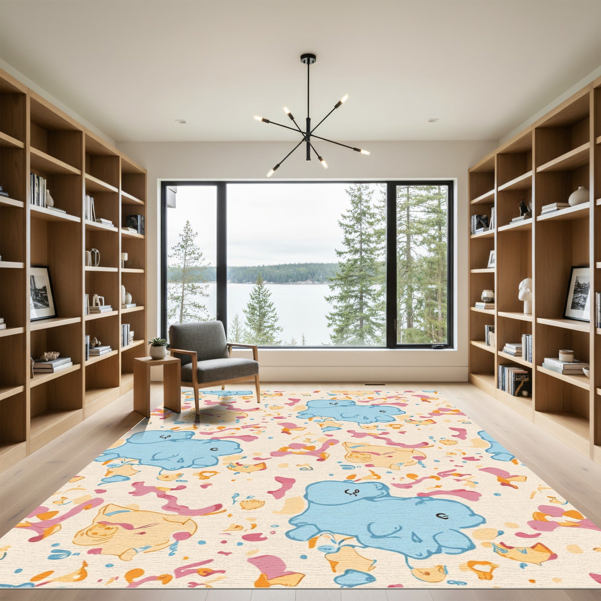 Whimsical blue cat shapes with abstract splashes Rug