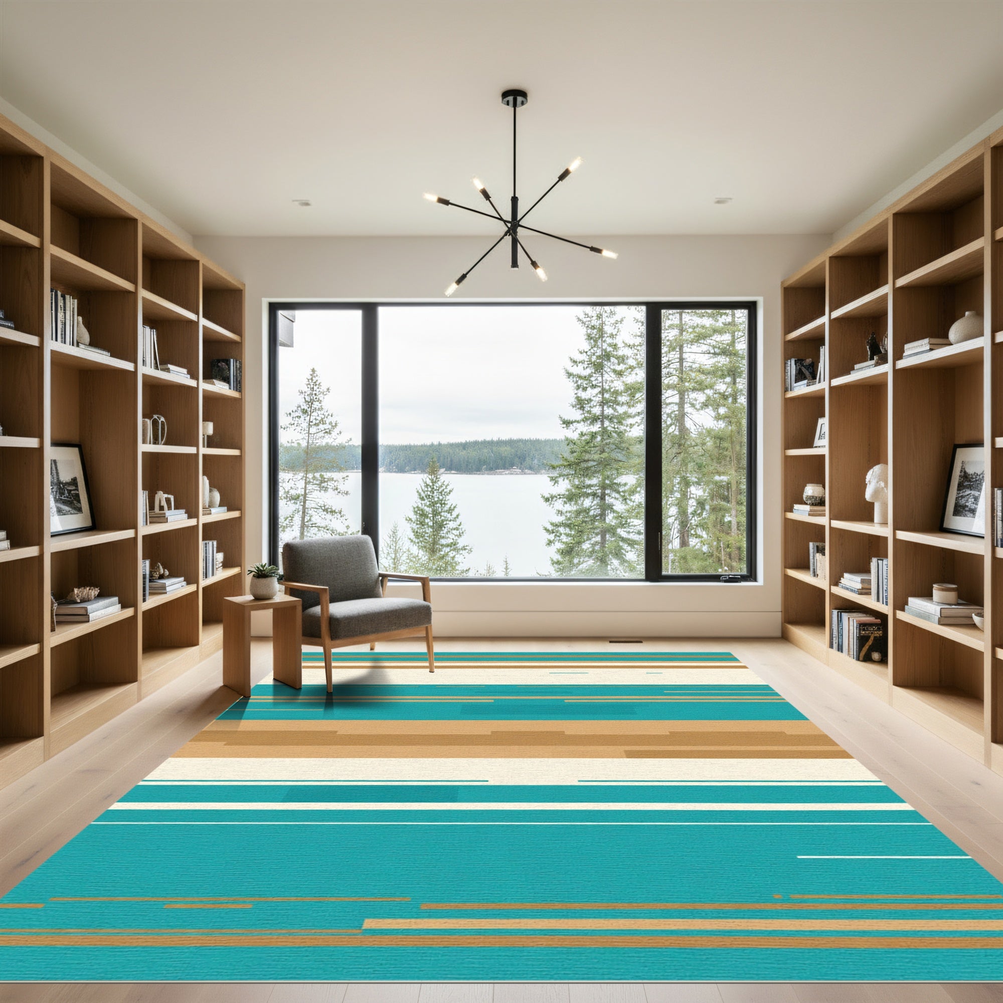 Teal Beige Abstract Stripe Rug