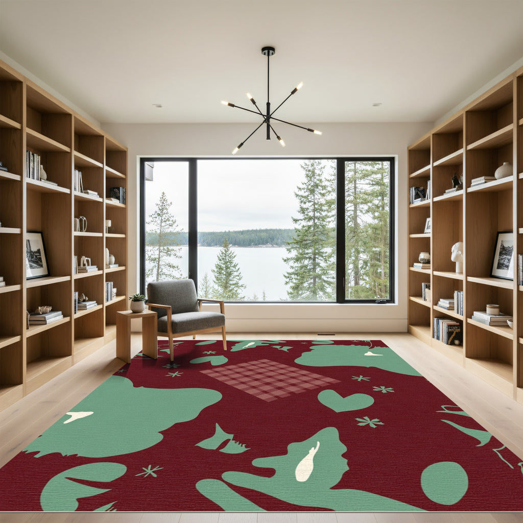 Deep Red Mint Foliage Heart Toss Rug