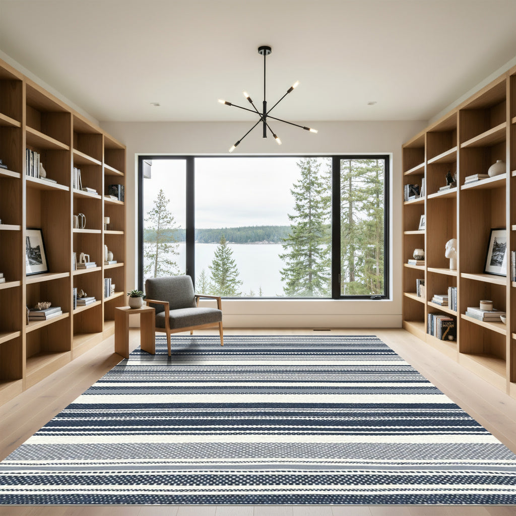 Navy White Contemporary Striped Rug