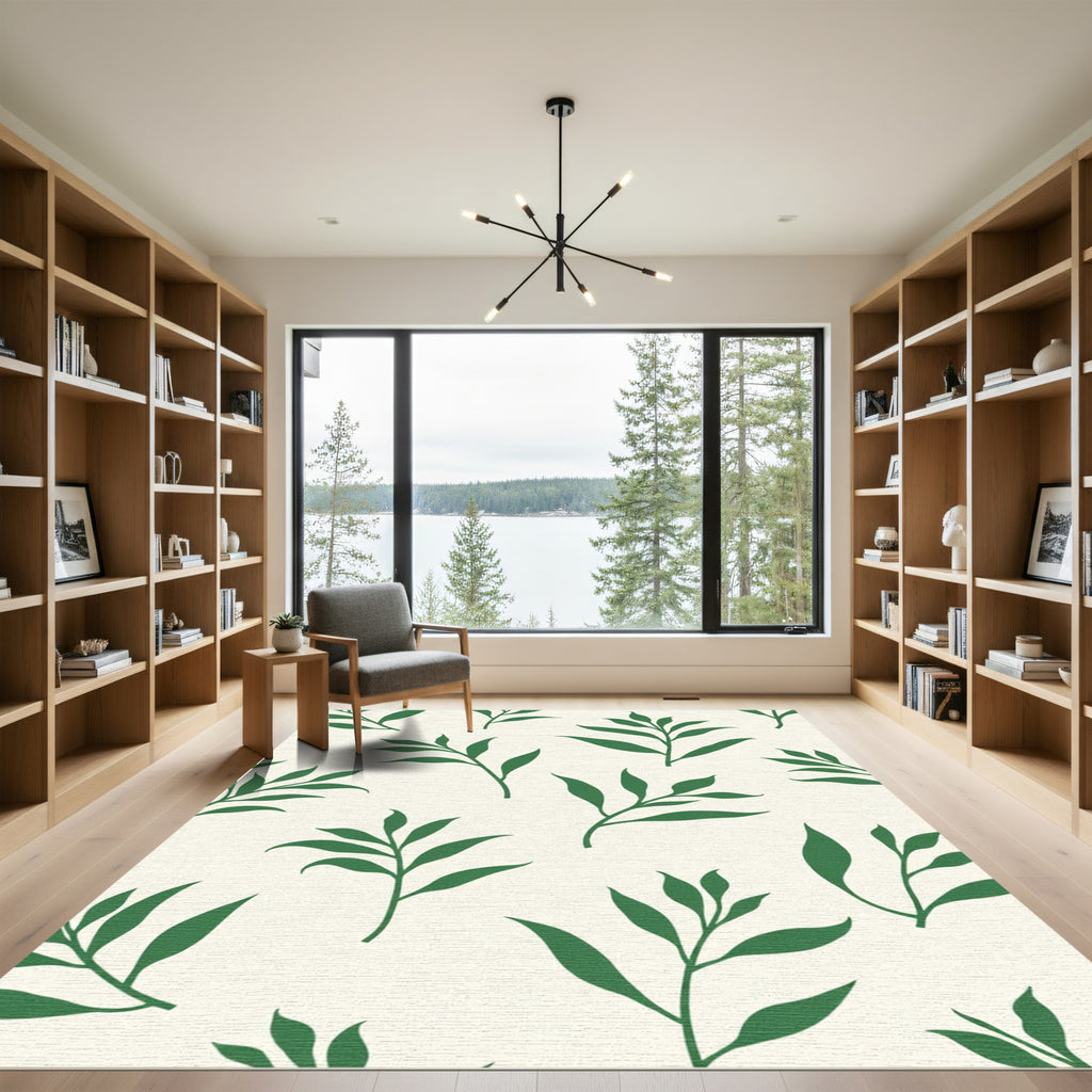 Green Leafy Branches Cream Background Rug
