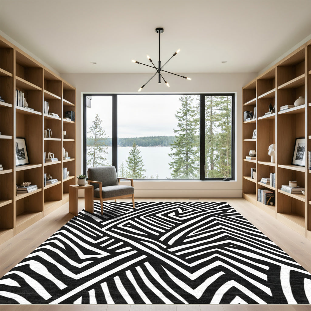 Black White Interlocking Abstract Lines Rug