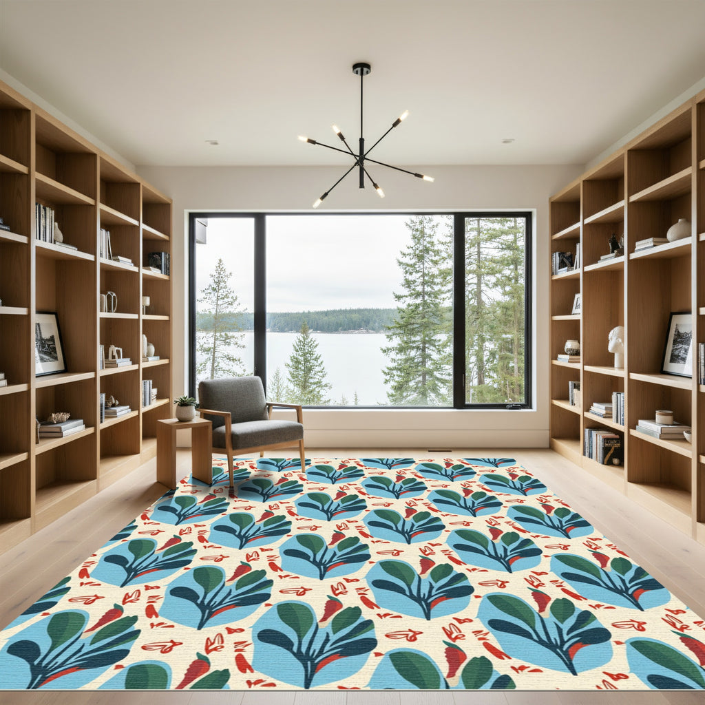 Cream Blue Leafy Chili Arrangement Rug