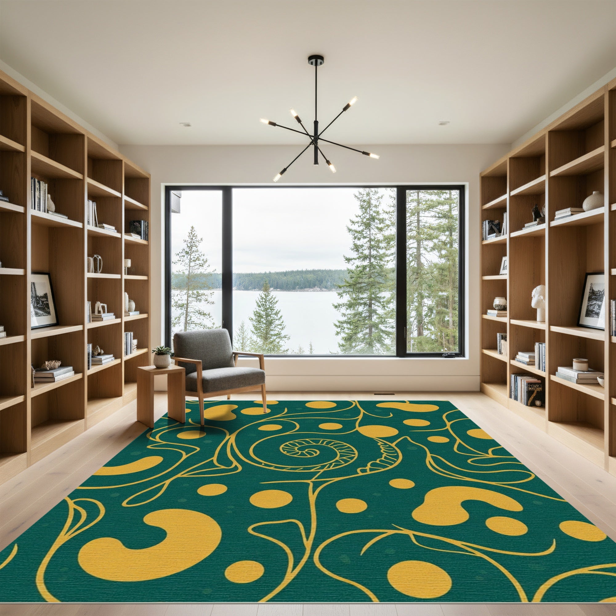 Golden Swirl Abstract Teal Vines Rug