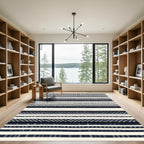 Cream and Navy Striped Checkerboard Rug