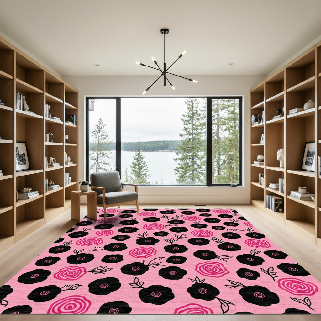 Pink Black Floral Garden Bloom Rug