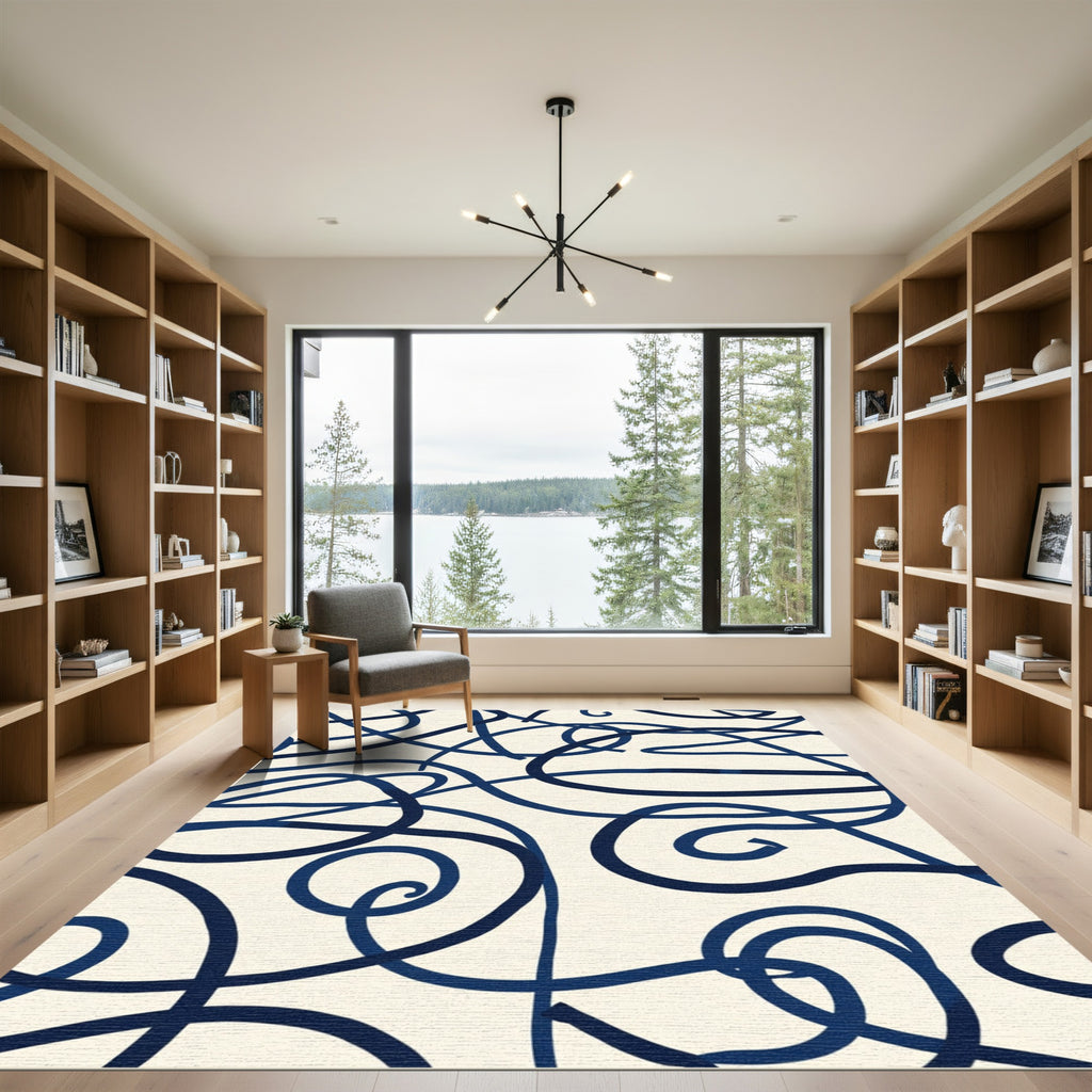 Navy Blue Swirl Abstract Loop Rug