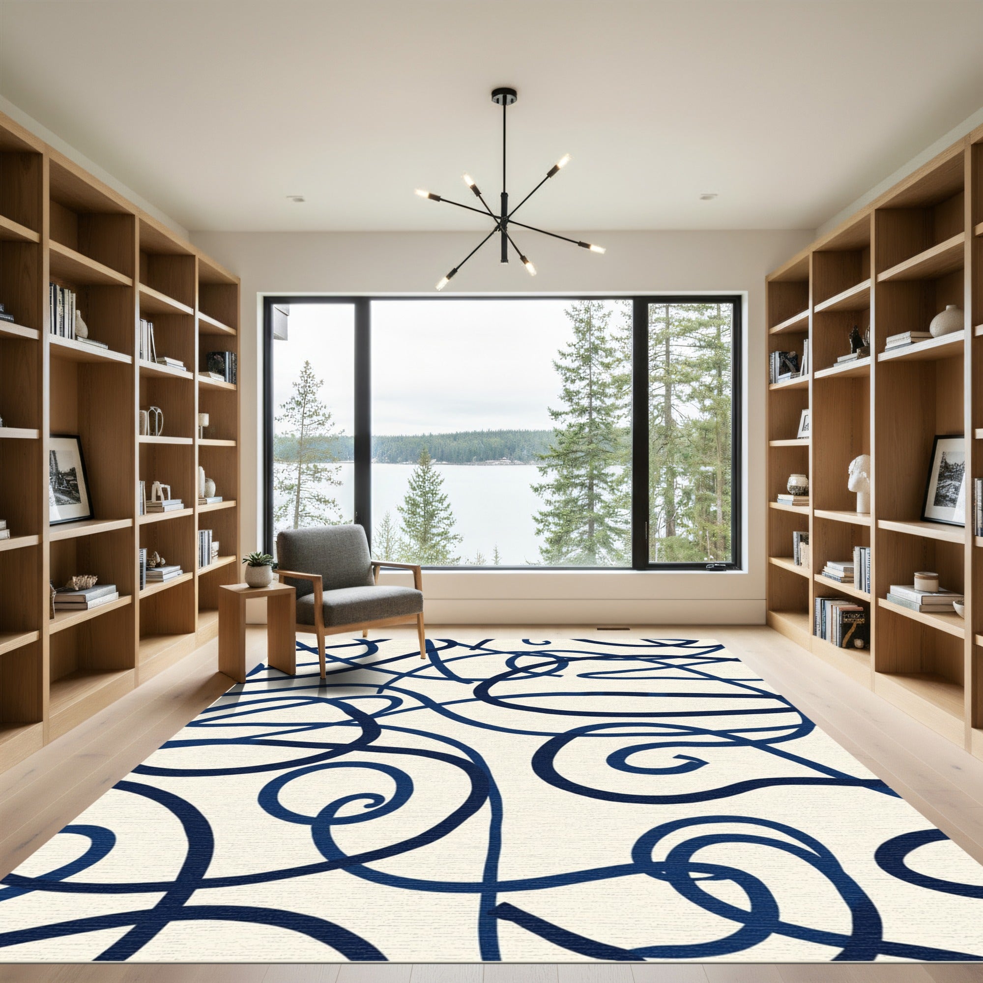 Navy Blue Swirl Abstract Loop Rug
