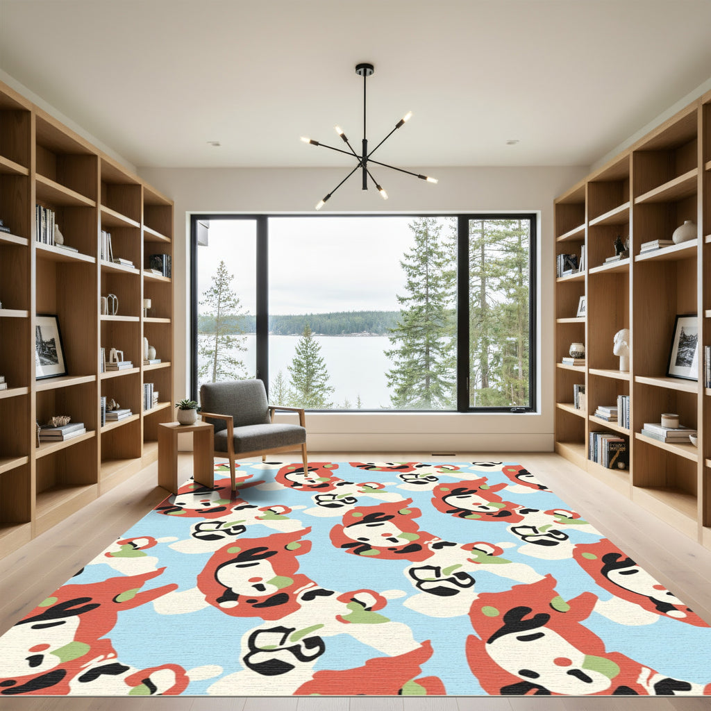 Abstract Red Faces With Blue Background Rug